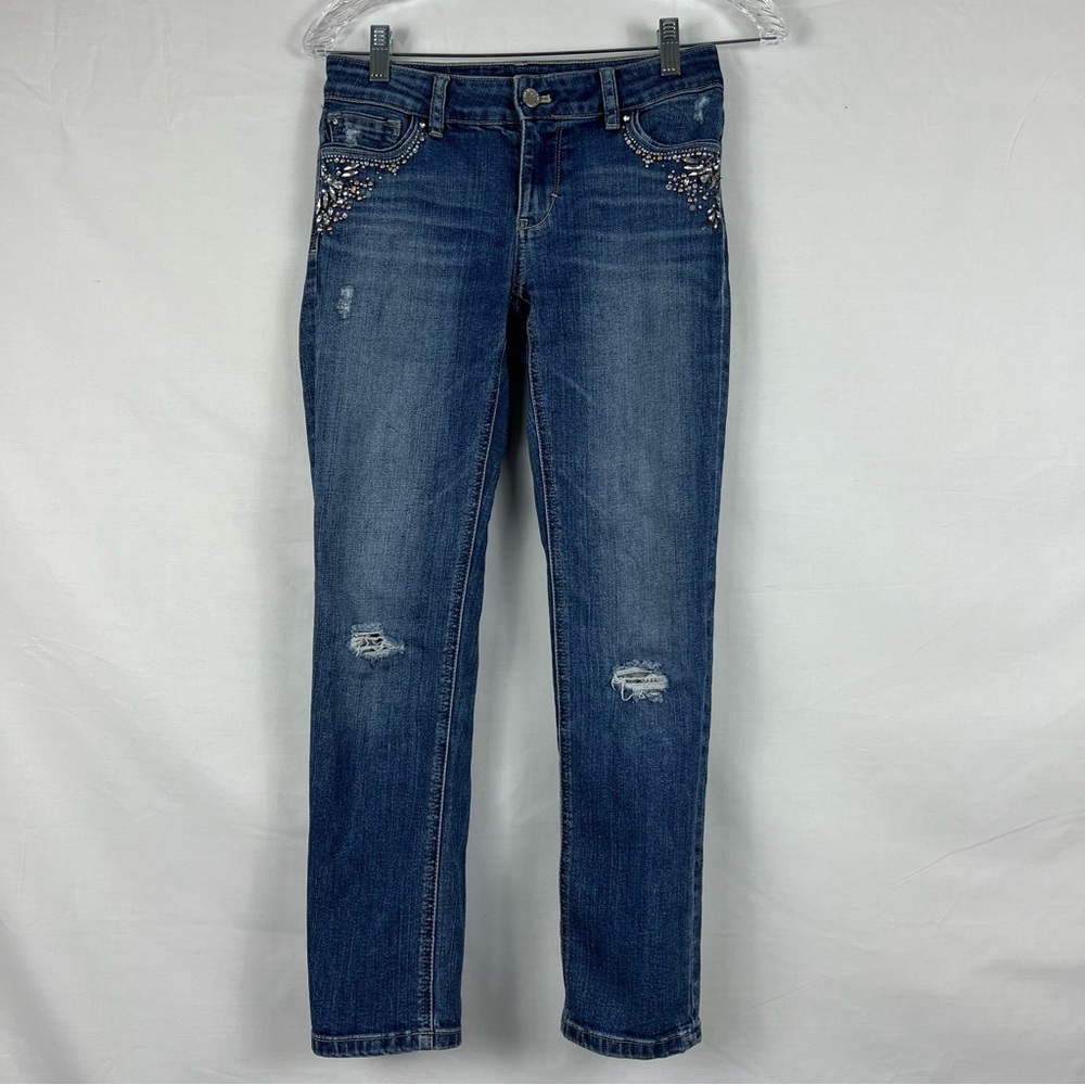WHITE HOUSE BLACK MARKET • Slim Crop Embellished Distressed Dark Wash Jeans